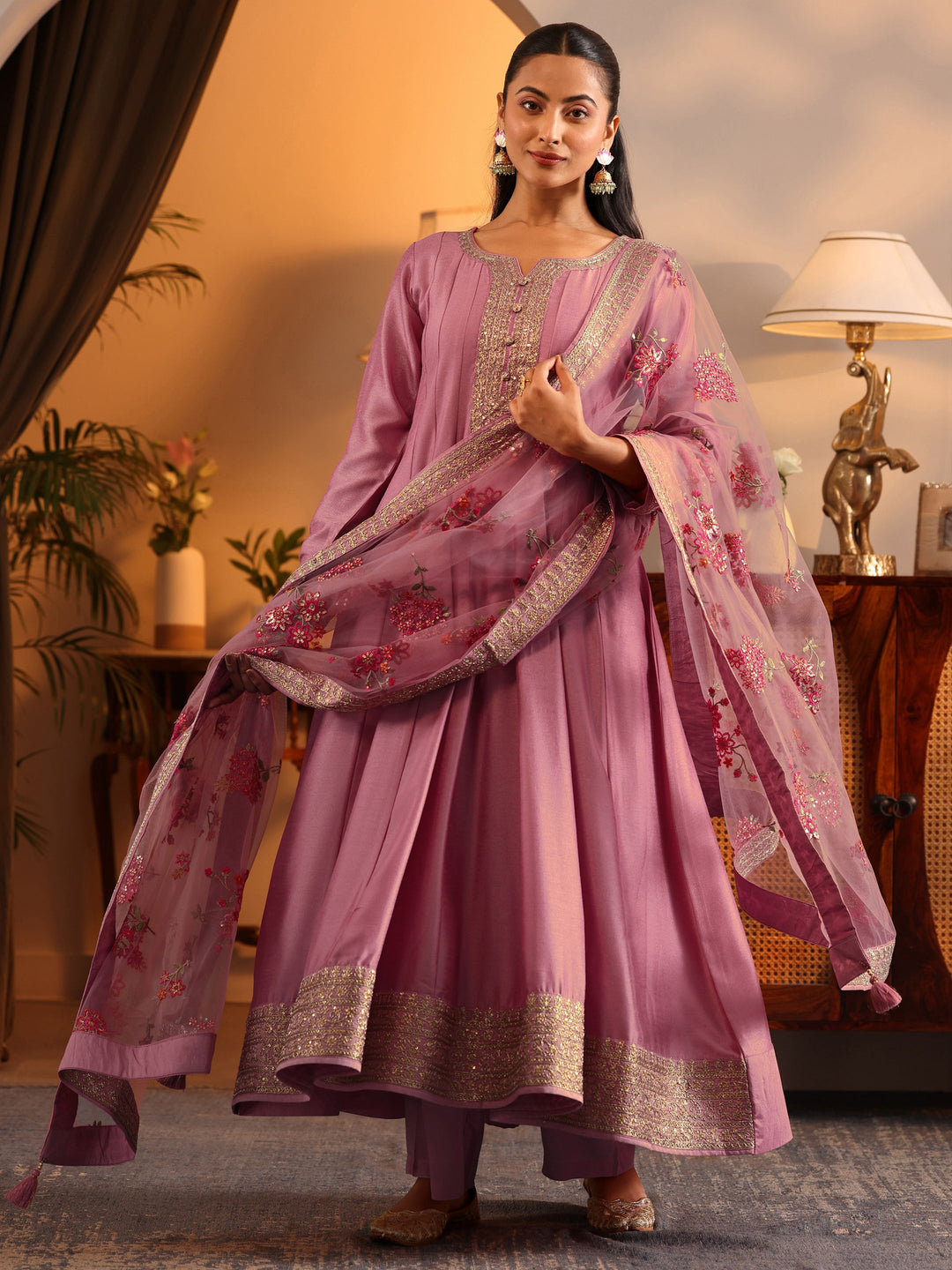  Libas Art Pink Embroidered Silk Blend Anarkali Suit Set With Dupatta 