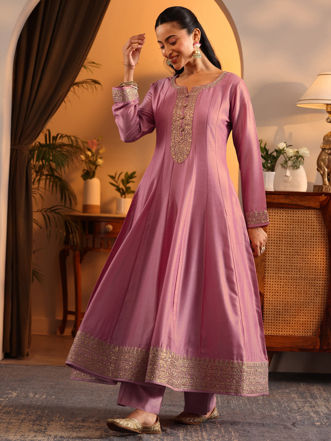  Libas Art Pink Embroidered Silk Blend Anarkali Suit Set With Dupatta 