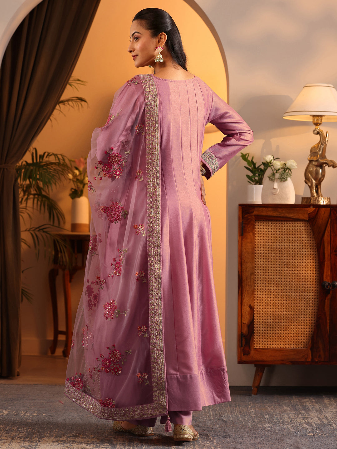  Libas Art Pink Embroidered Silk Blend Anarkali Suit Set With Dupatta 