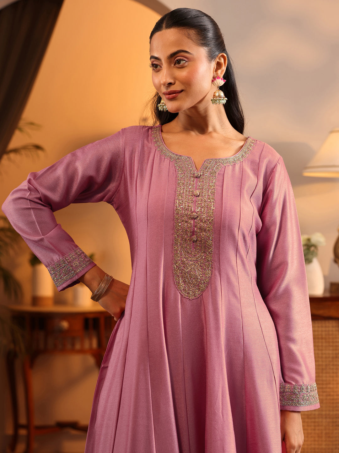  Libas Art Pink Embroidered Silk Blend Anarkali Suit Set With Dupatta 