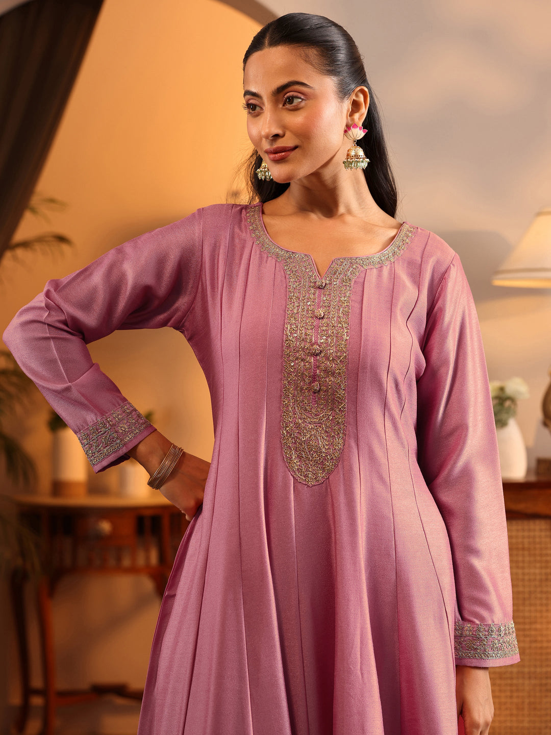  Libas Art Pink Embroidered Silk Blend Anarkali Suit Set With Dupatta 