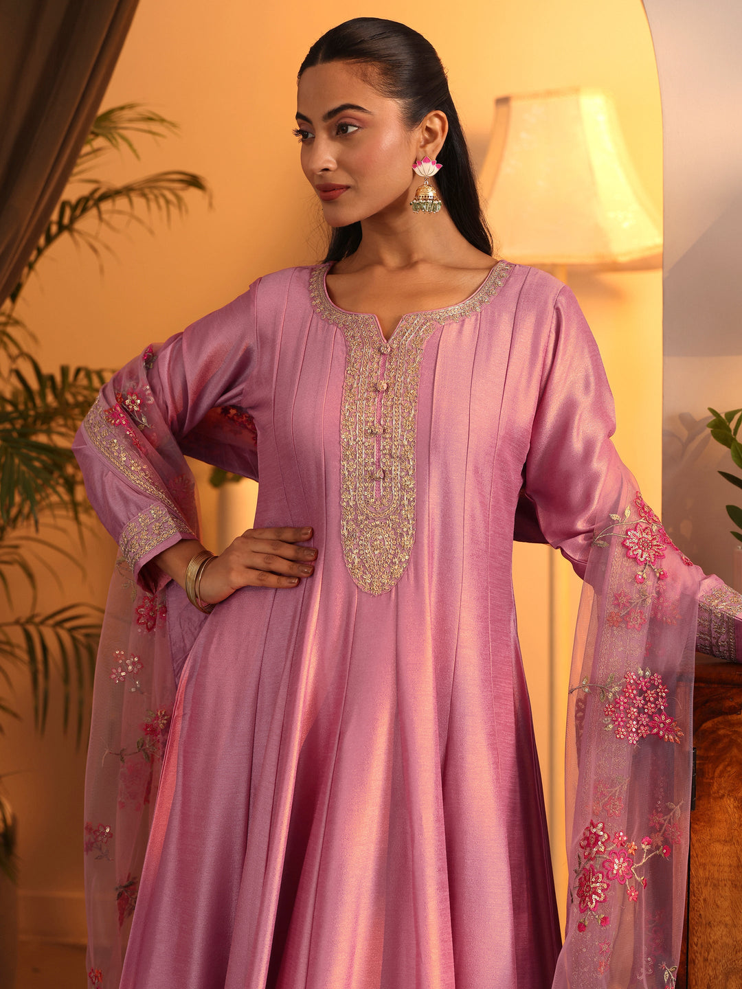  Libas Art Pink Embroidered Silk Blend Anarkali Suit Set With Dupatta 