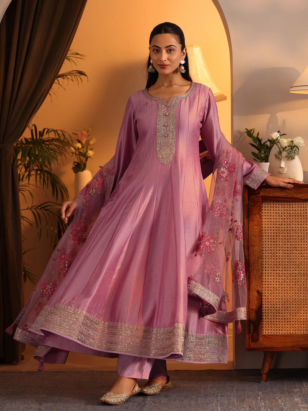  Libas Art Pink Embroidered Silk Blend Anarkali Suit Set With Dupatta 