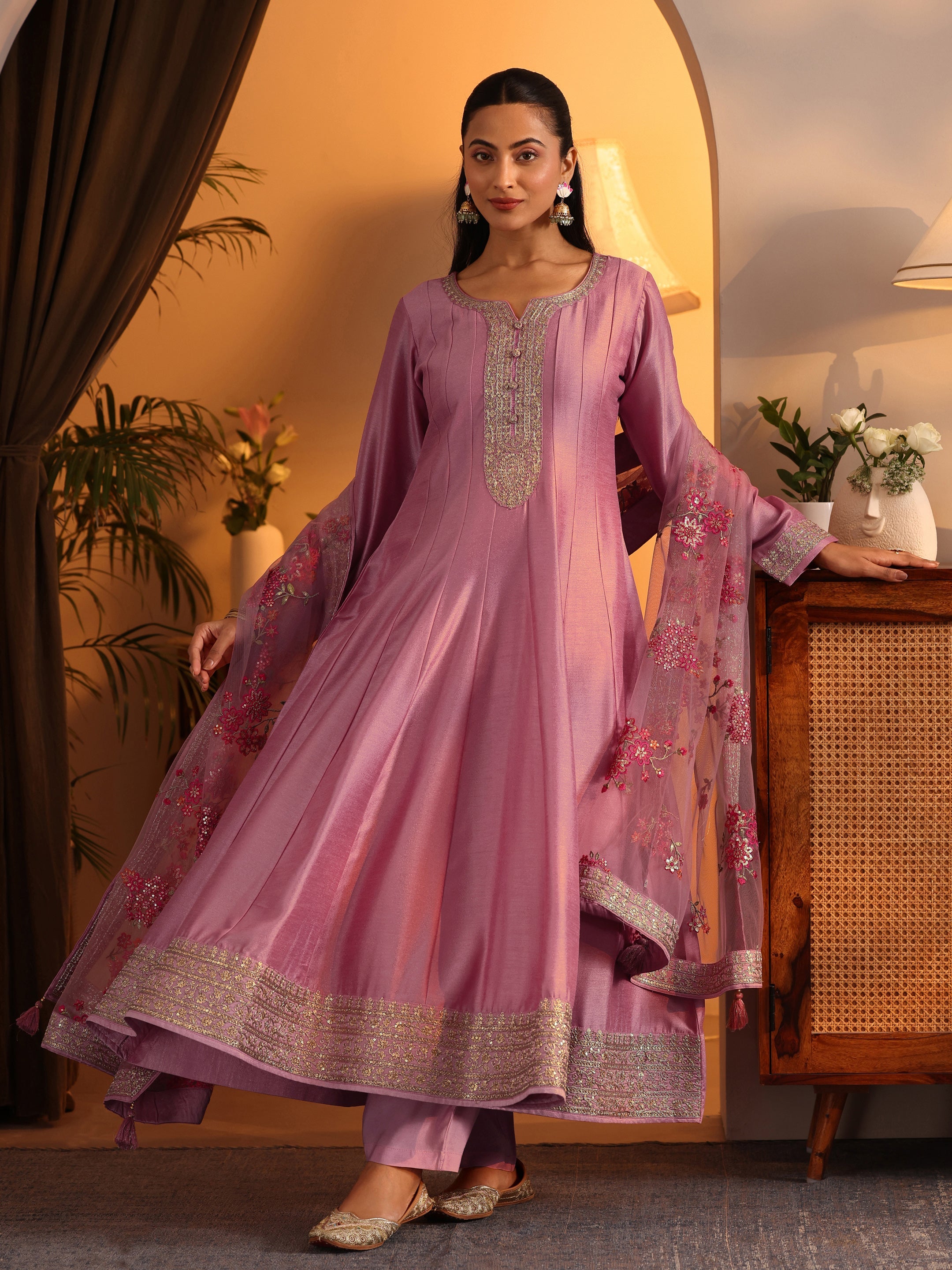 Libas Art Pink Embroidered Silk Blend Anarkali Suit Set With Dupatta-picture-46