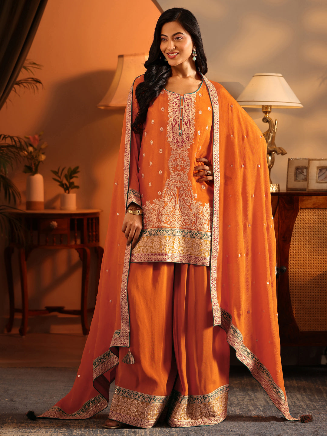  Libas Art Orange Embroidered Chinon Straight Suit Set With Dupatta 