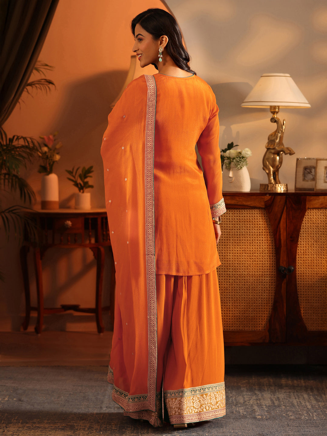  Libas Art Orange Embroidered Chinon Straight Suit Set With Dupatta 