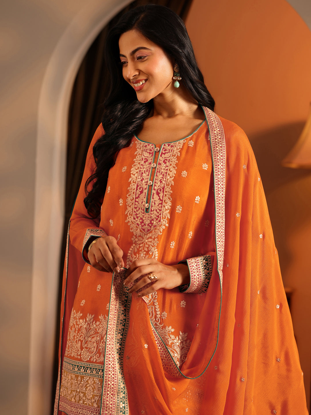  Libas Art Orange Embroidered Chinon Straight Suit Set With Dupatta 