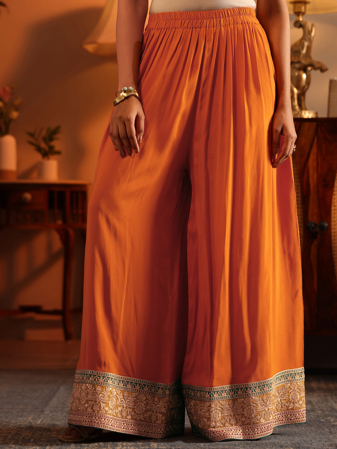  Libas Art Orange Embroidered Chinon Straight Suit Set With Dupatta 