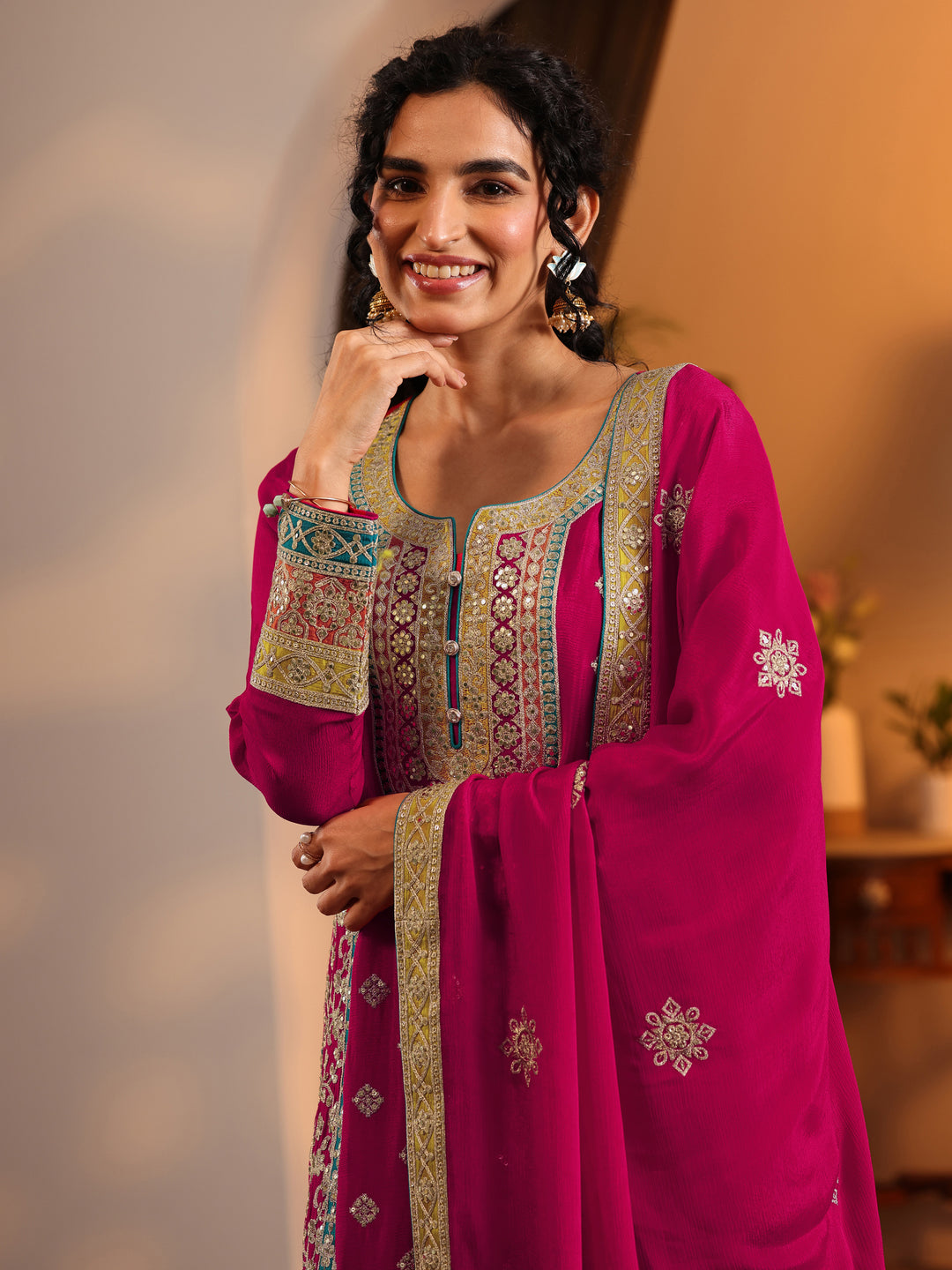  Libas Art Pink Embroidered Chinon Straight Suit Set With Dupatta 