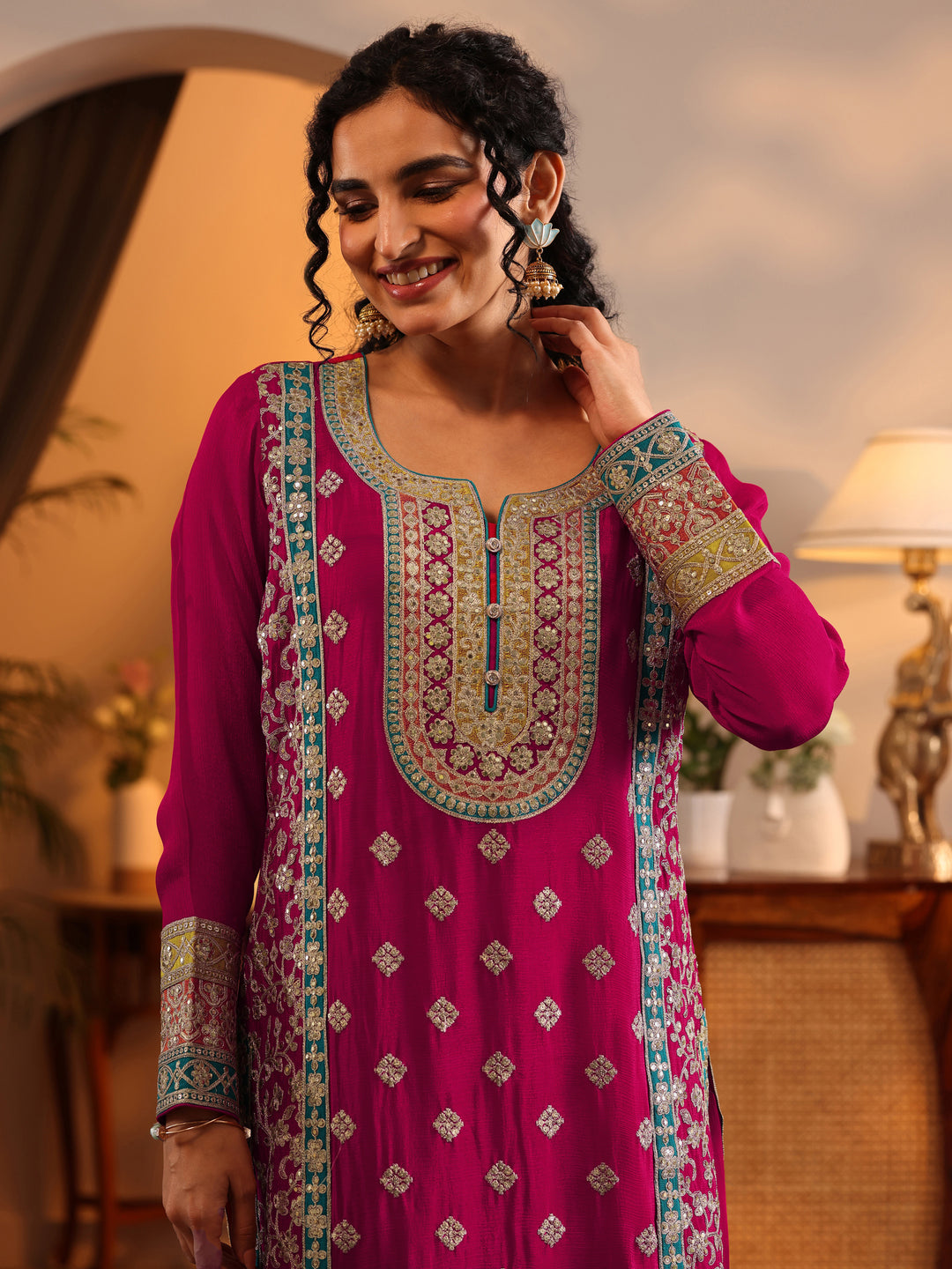  Libas Art Pink Embroidered Chinon Straight Suit Set With Dupatta 