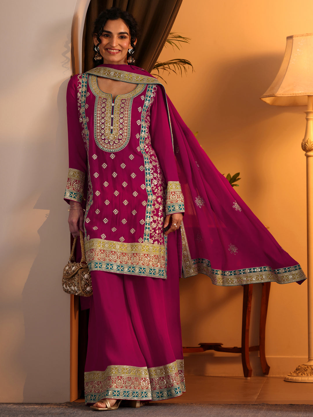  Libas Art Pink Embroidered Chinon Straight Suit Set With Dupatta 