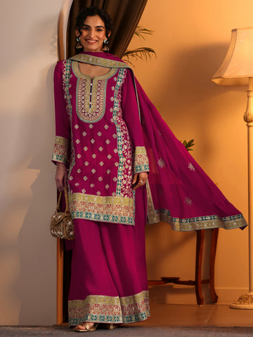 Libas Art Pink Embroidered Chinon Straight Suit Set With Dupatta