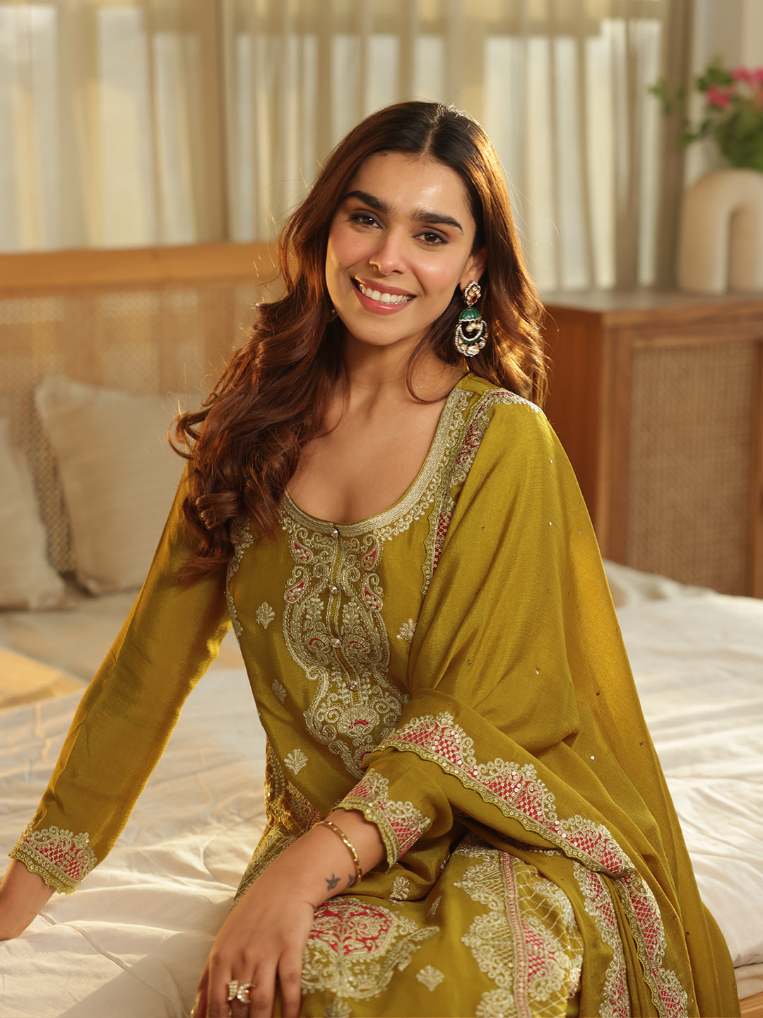  Libas Art Lime Green Embroidered Chinon Straight Suit Set With Dupatta 