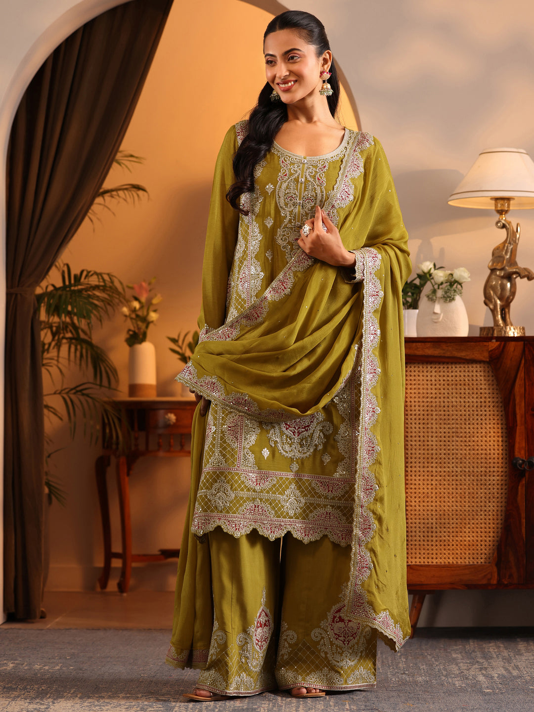  Libas Art Lime Green Embroidered Chinon Straight Suit Set With Dupatta 