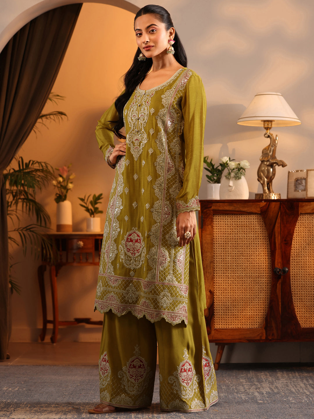  Libas Art Lime Green Embroidered Chinon Straight Suit Set With Dupatta 