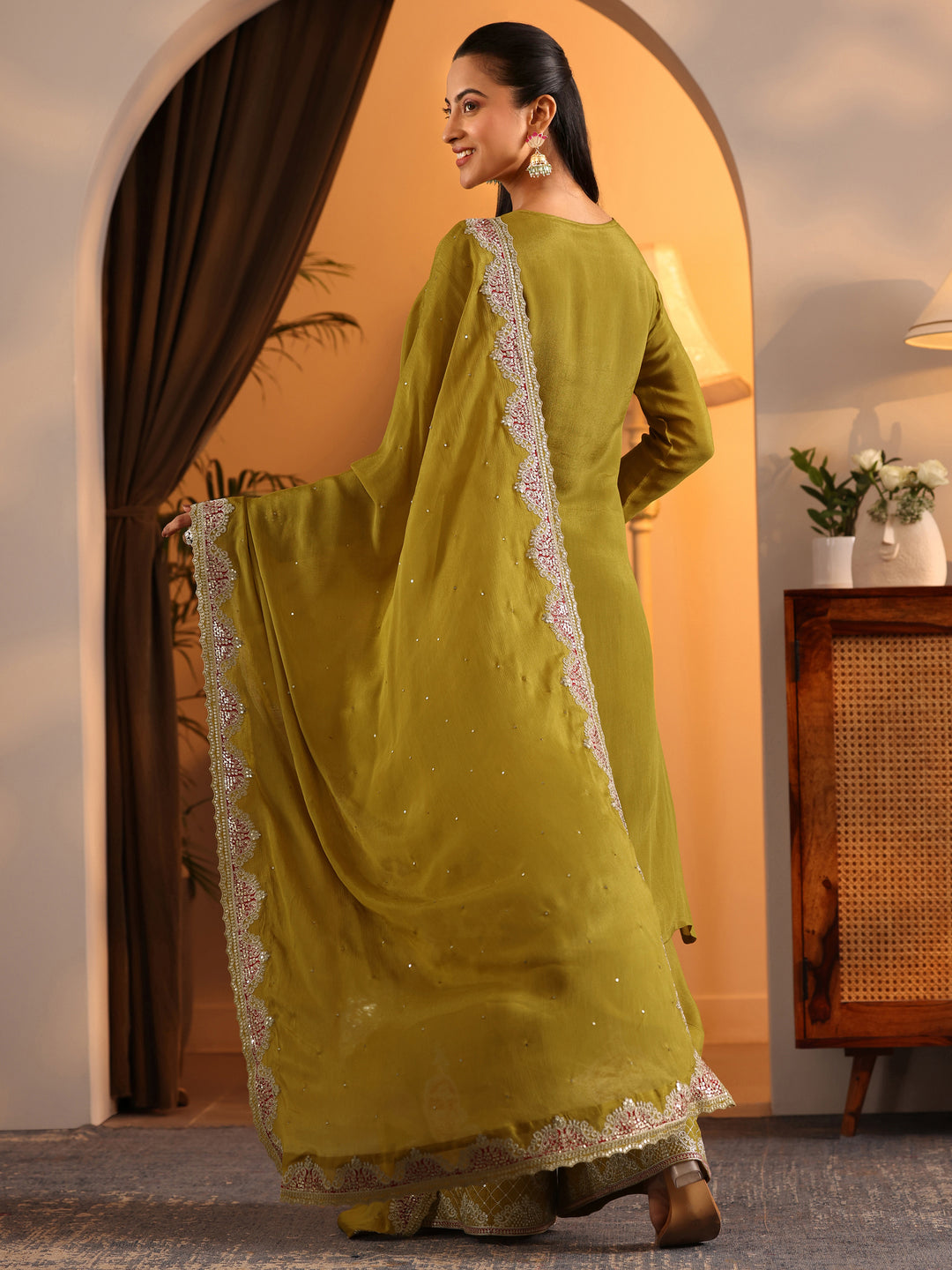  Libas Art Lime Green Embroidered Chinon Straight Suit Set With Dupatta 