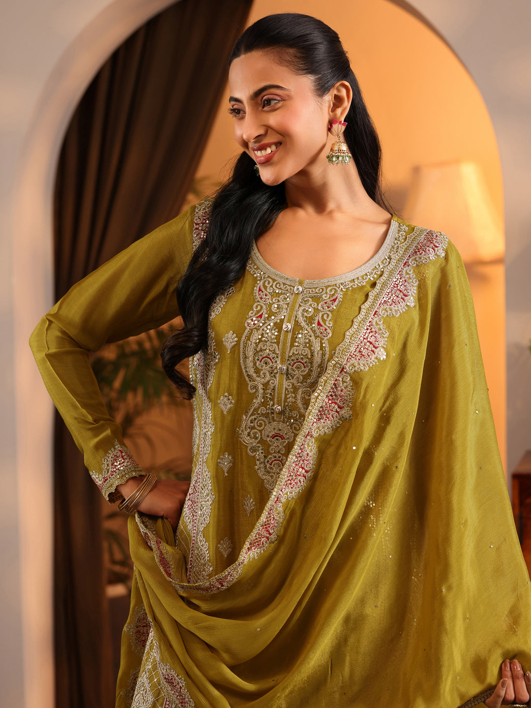  Libas Art Lime Green Embroidered Chinon Straight Suit Set With Dupatta 