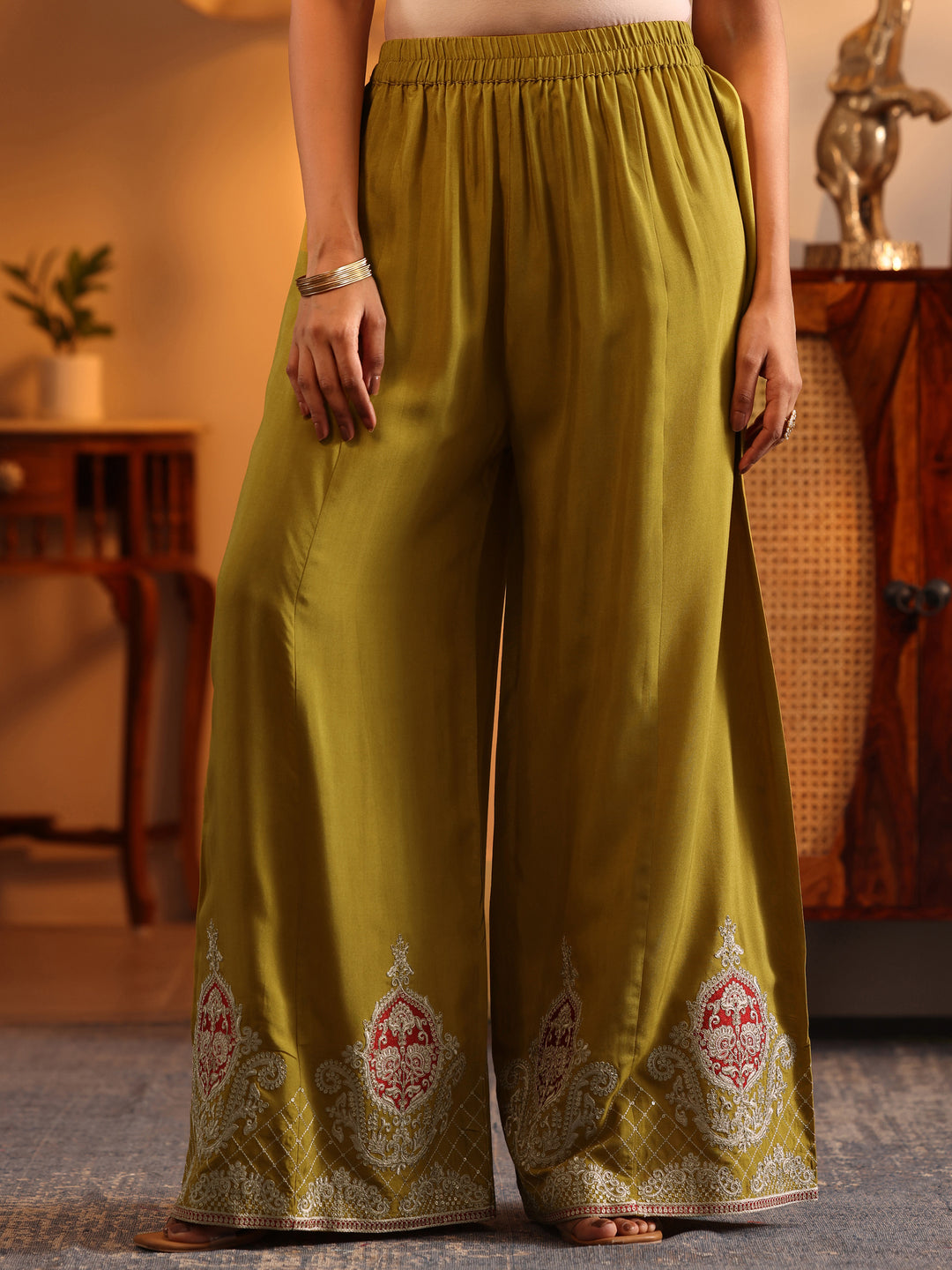  Libas Art Lime Green Embroidered Chinon Straight Suit Set With Dupatta 