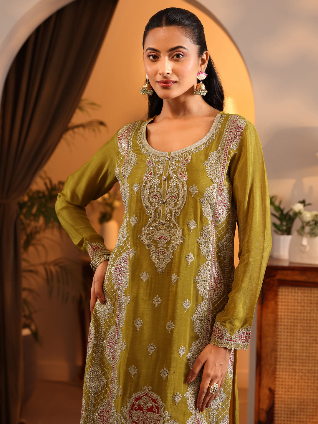  Libas Art Lime Green Embroidered Chinon Straight Suit Set With Dupatta 