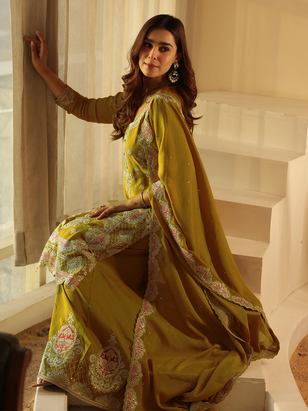 Libas Art Lime Green Embroidered Chinon Straight Suit Set With Dupatta-picture-17