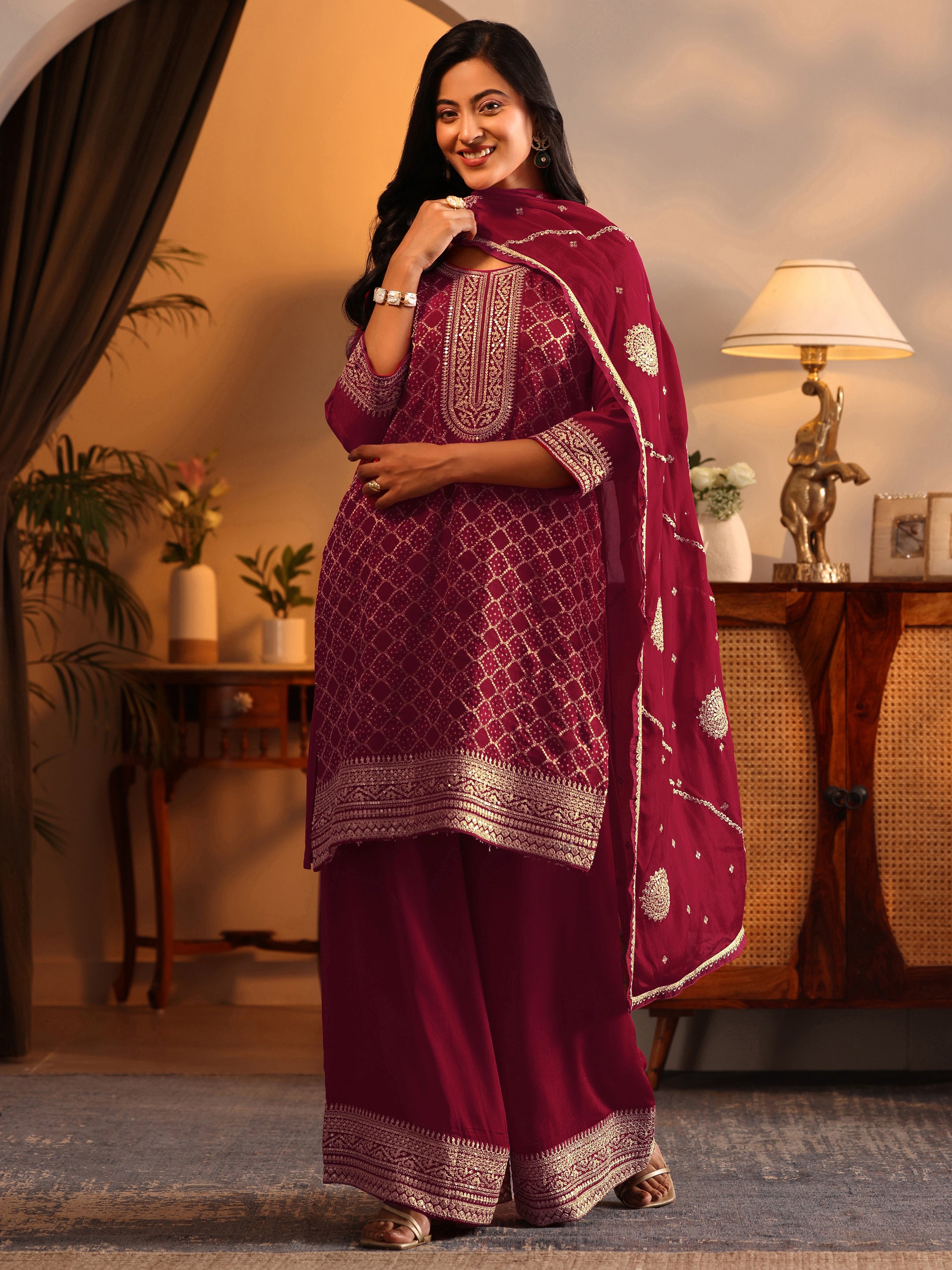 libas Red Embroidered Silk Blend Straight Suit Set With Dupatta-picture-56