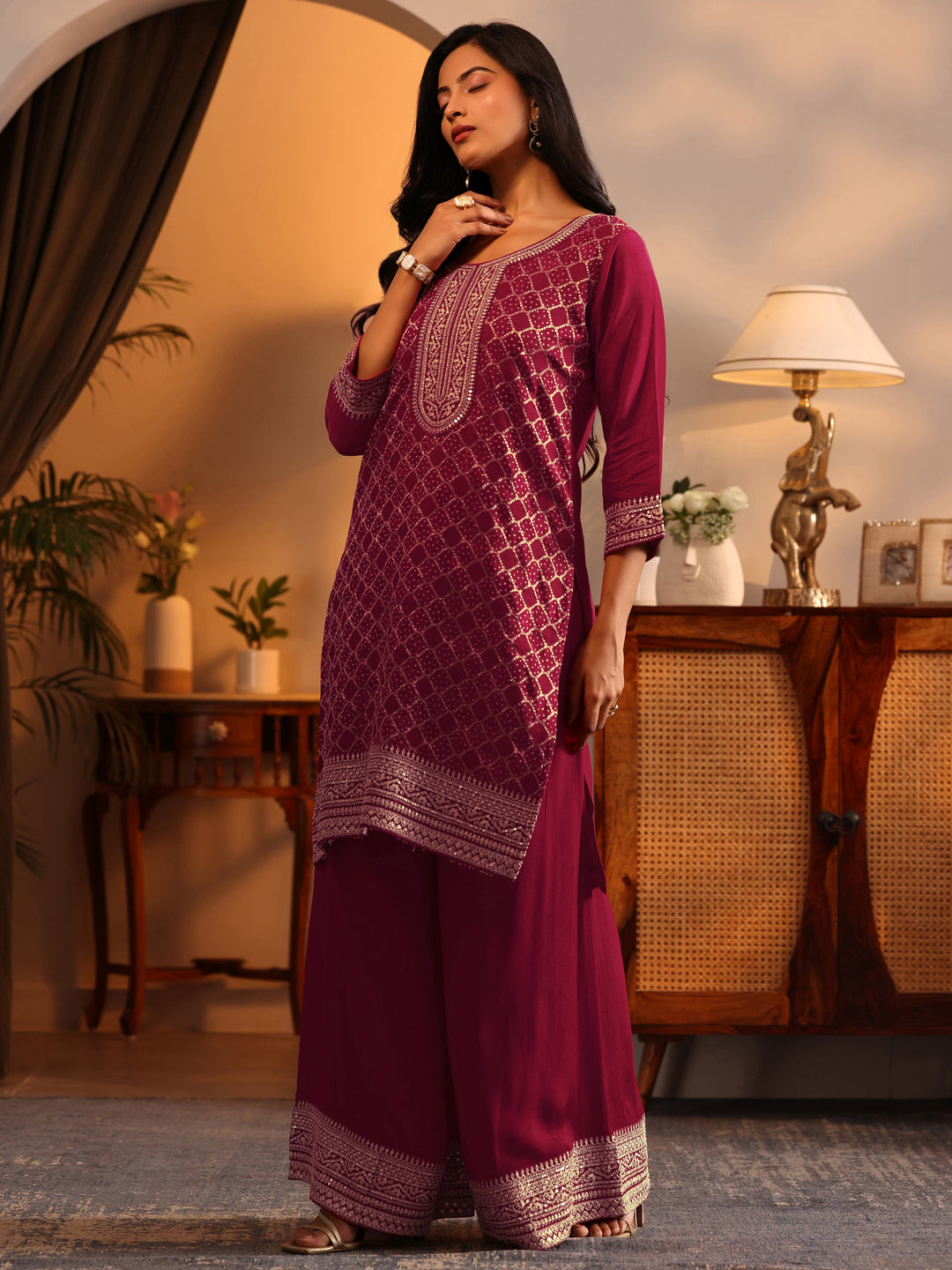  Libas Art Red Embroidered Silk Blend Straight Suit Set With Dupatta 