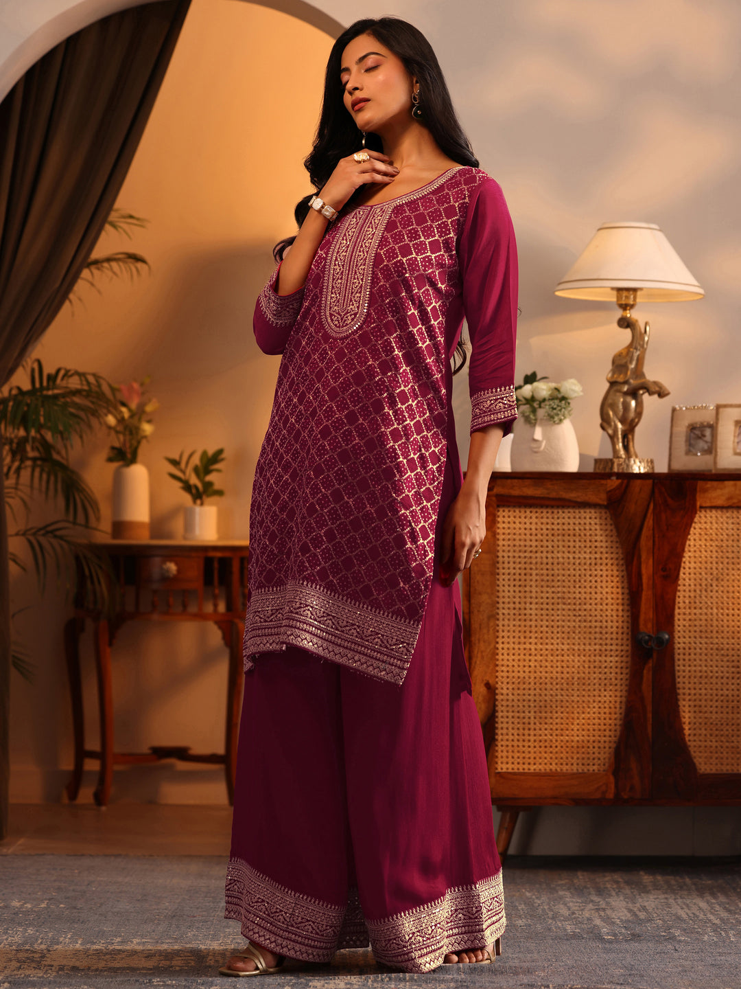  Red Embroidered Silk Blend Straight Suit Set With Dupatta 