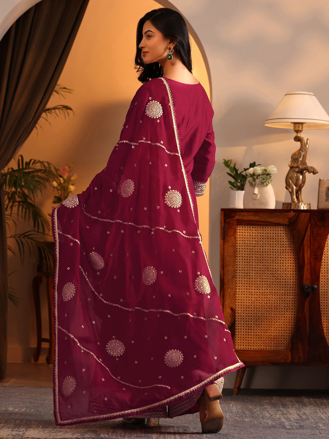  Red Embroidered Silk Blend Straight Suit Set With Dupatta 