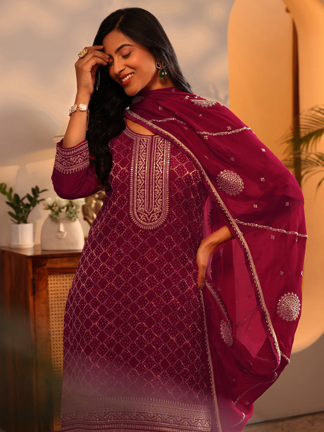  Libas Art Red Embroidered Silk Blend Straight Suit Set With Dupatta 
