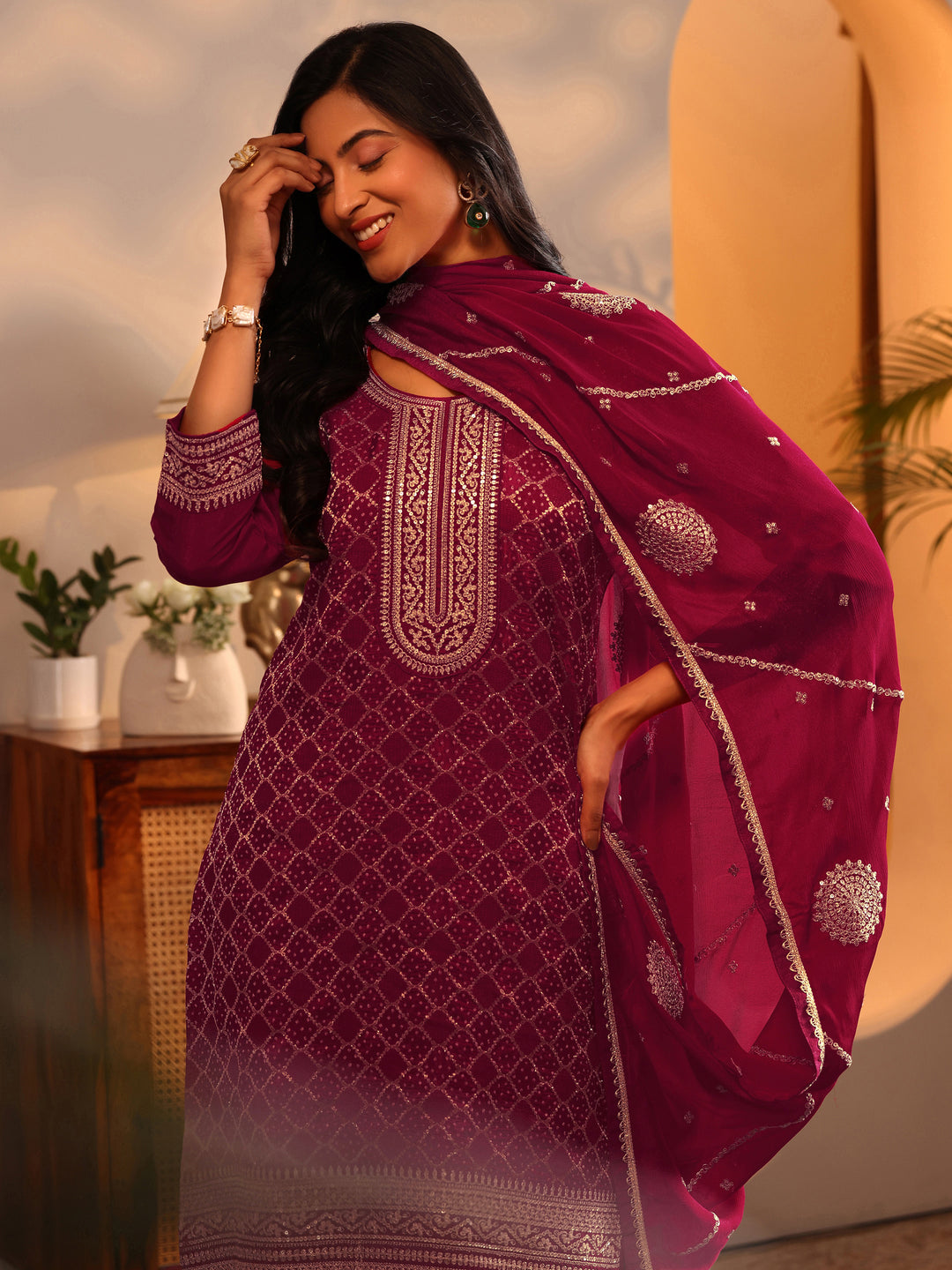 Red Embroidered Silk Blend Straight Suit Set With Dupatta 