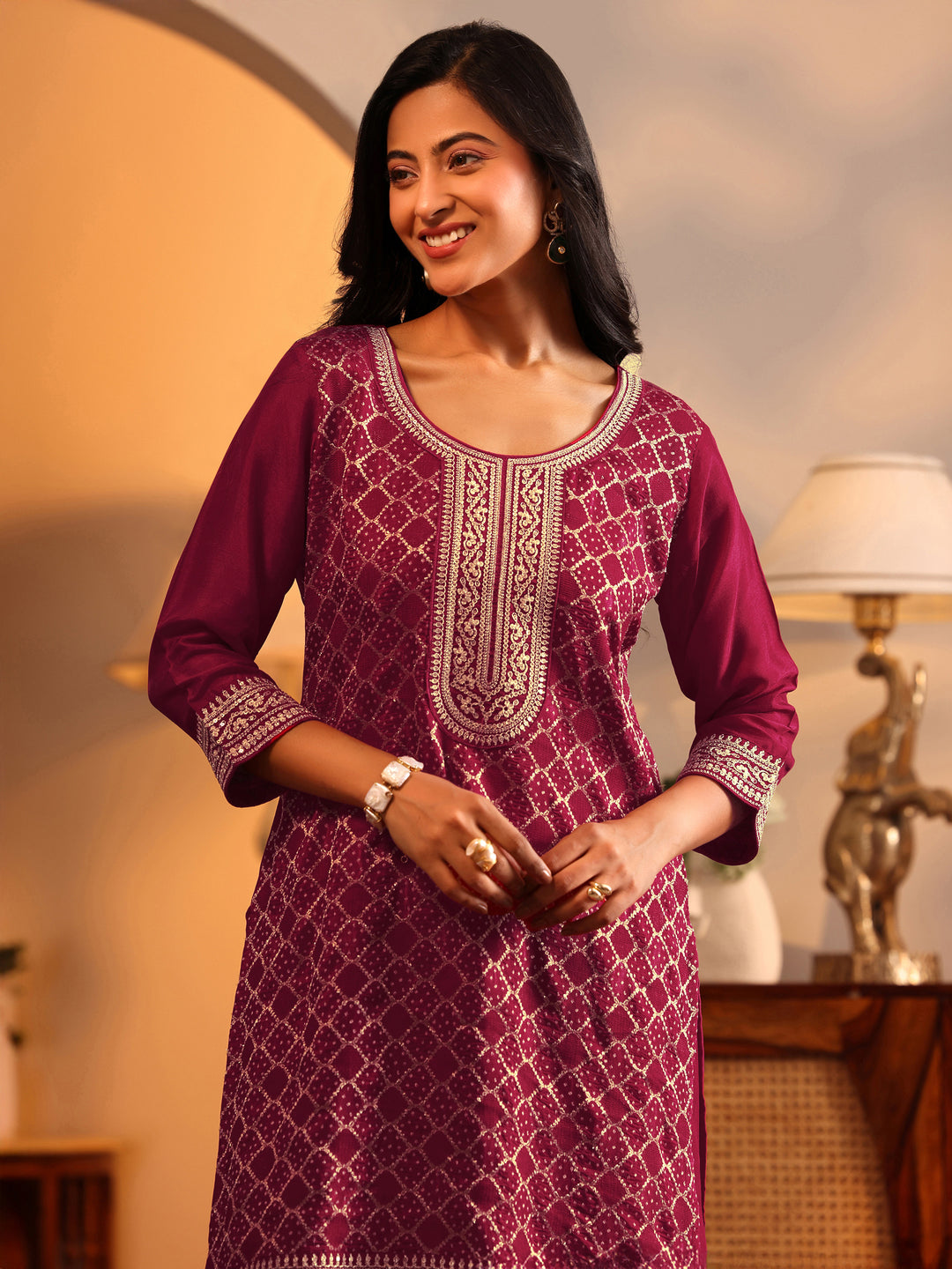  Red Embroidered Silk Blend Straight Suit Set With Dupatta 