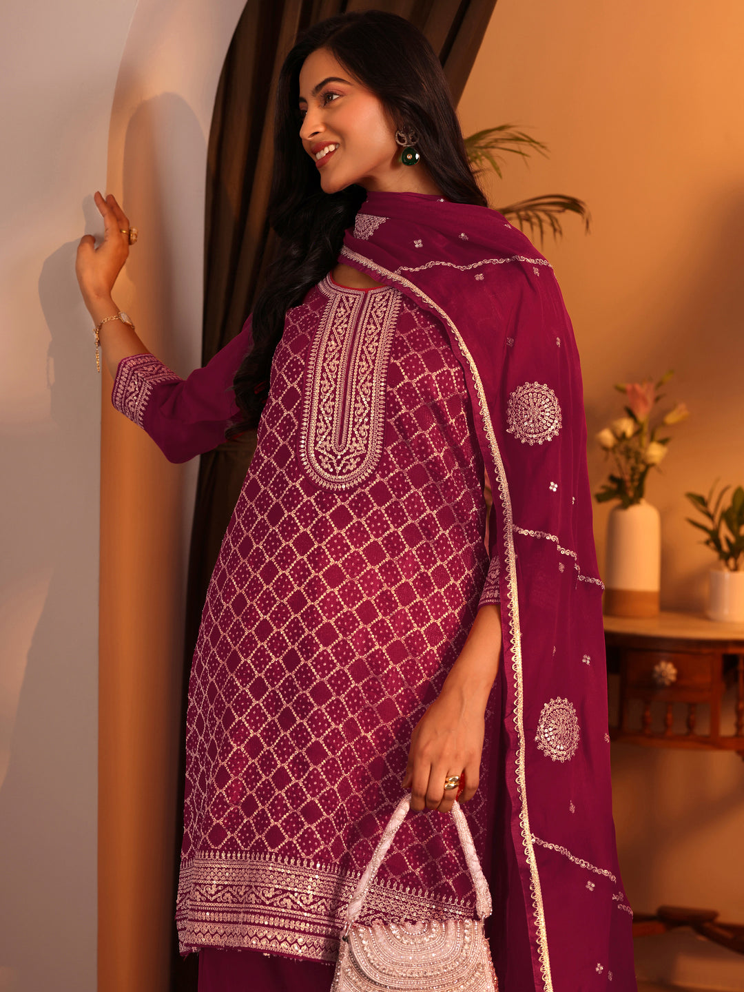  Red Embroidered Silk Blend Straight Suit Set With Dupatta 