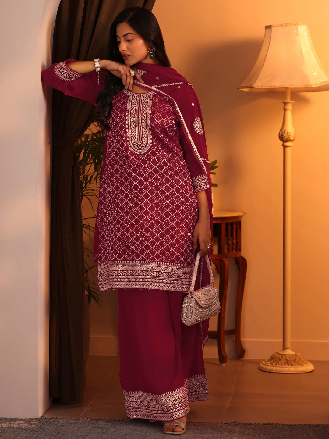  Red Embroidered Silk Blend Straight Suit Set With Dupatta 