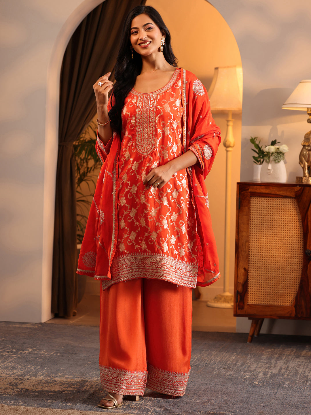  Libas Art Orange Woven Design Silk Blend Straight Suit Set With Dupatta 