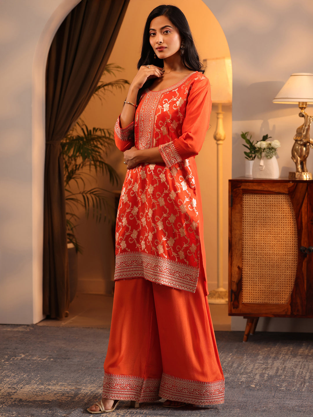  Libas Art Orange Woven Design Silk Blend Straight Suit Set With Dupatta 