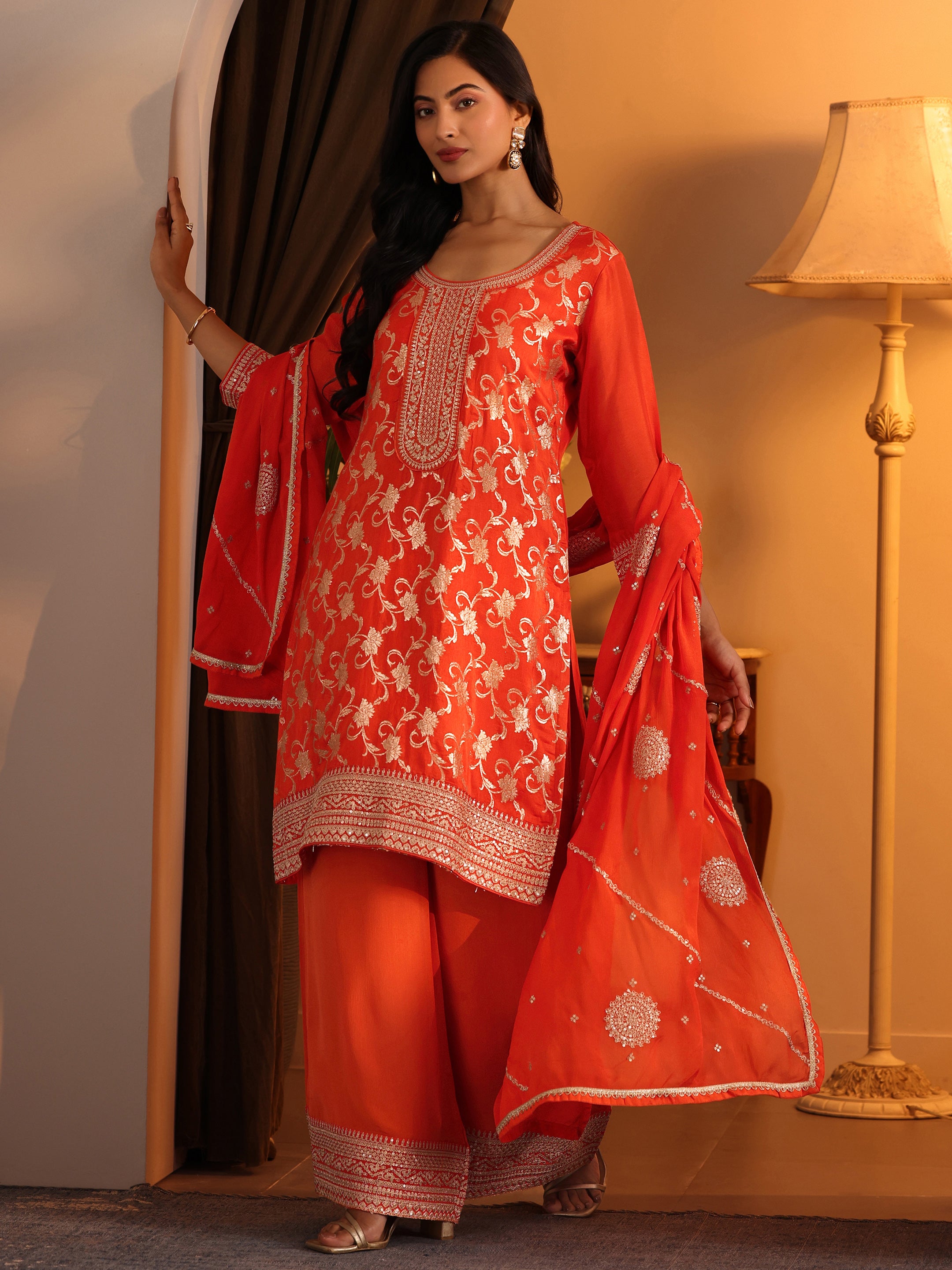 libas Orange Woven Design Silk Blend Straight Suit Set With Dupatta-picture-35