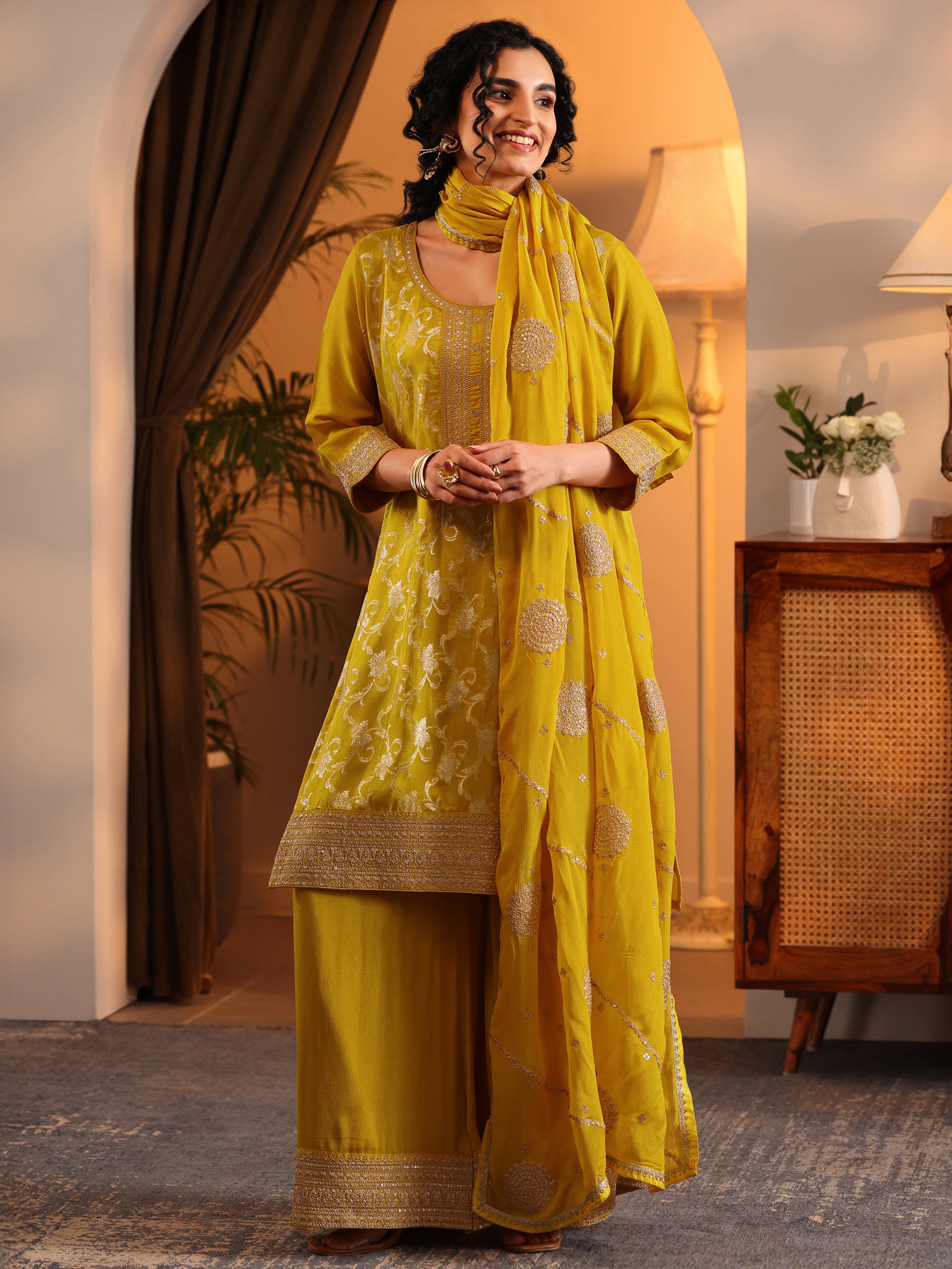 libas Mustard Woven Design Silk Blend Straight Suit Set With Dupatta-picture-31