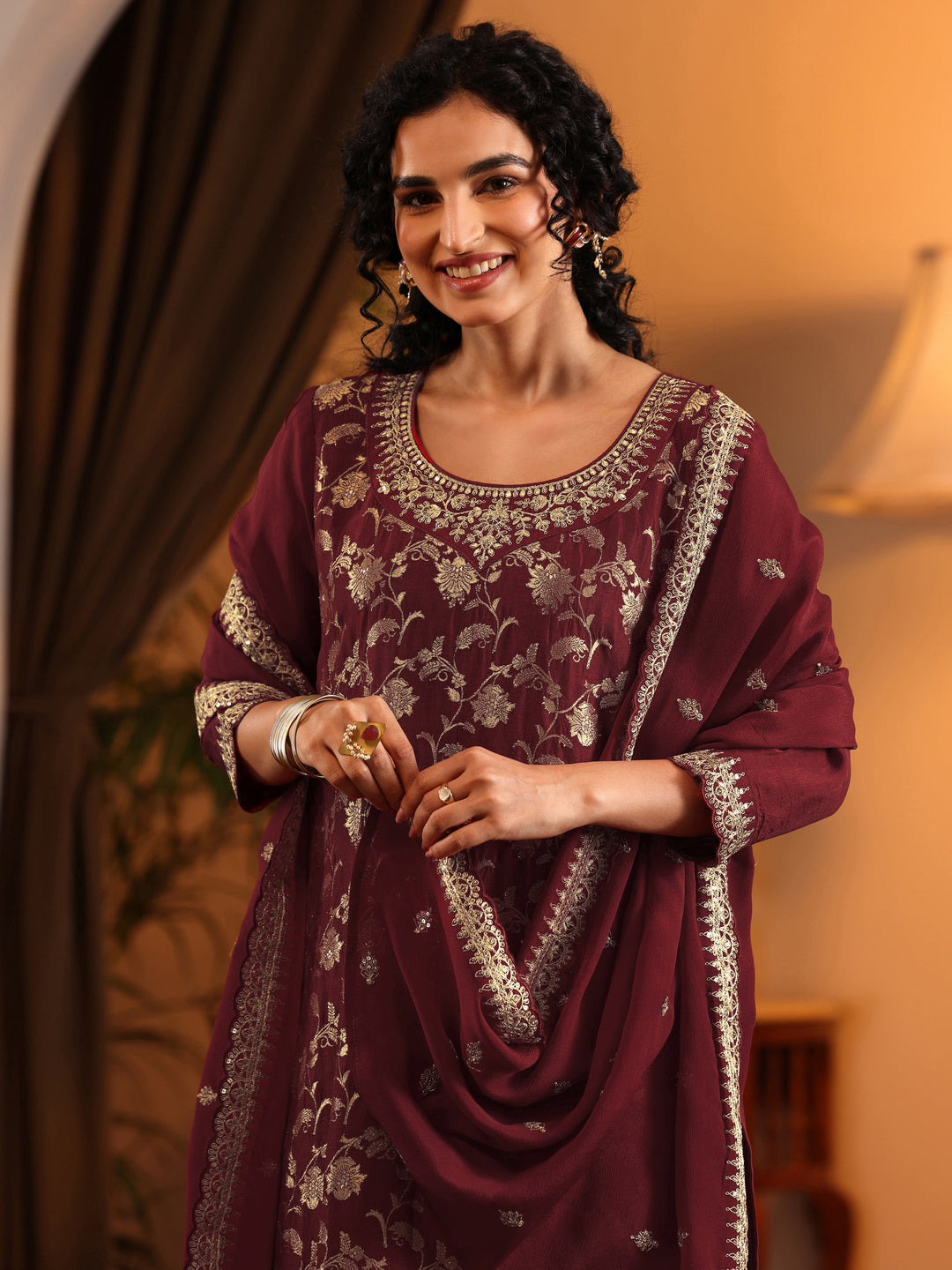  Libas Art Maroon Woven Design Silk Blend Straight Suit Set With Dupatta 