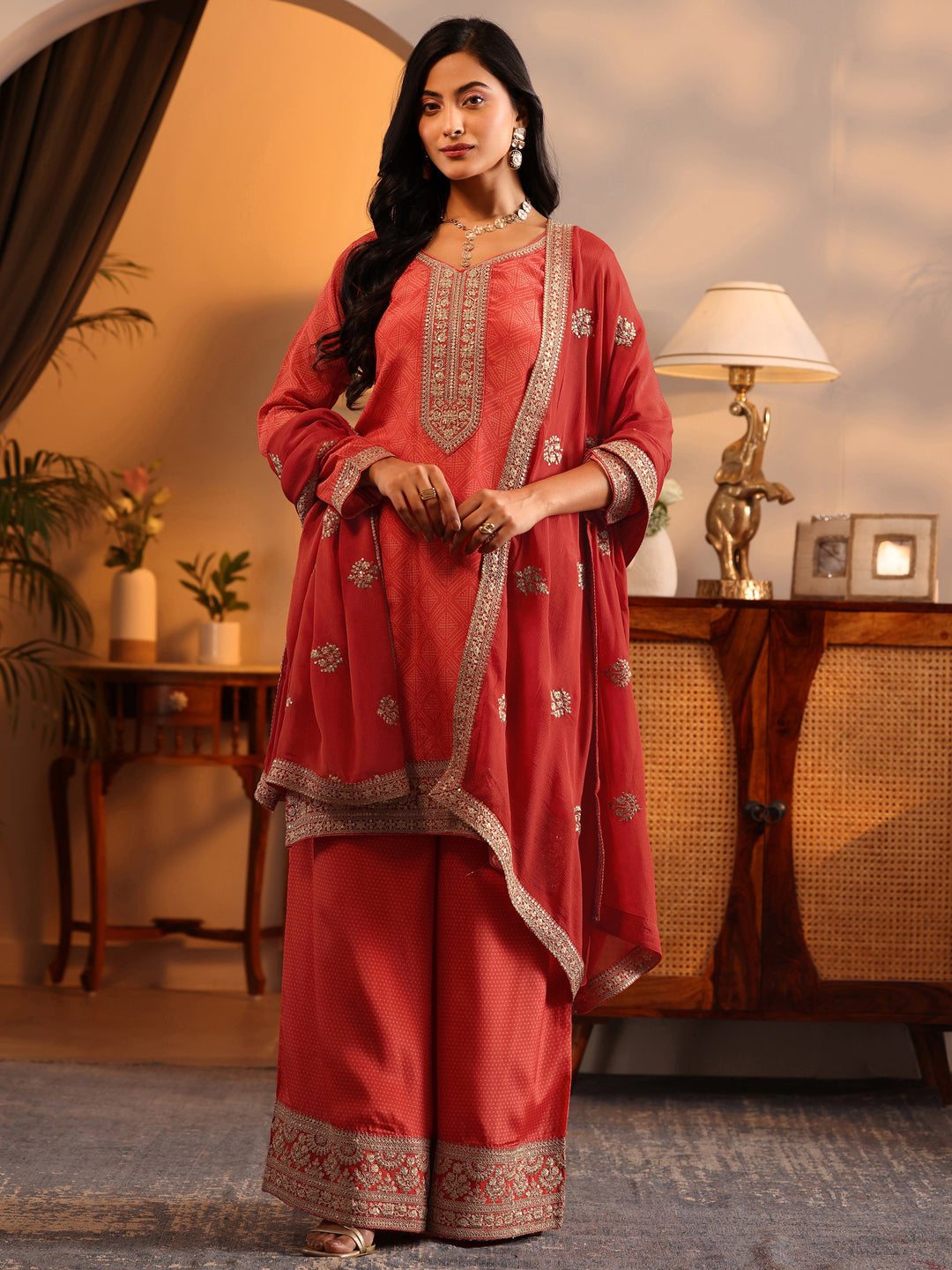  Libas Art Orange Embroidered Chinon Straight Suit Set With Dupatta 