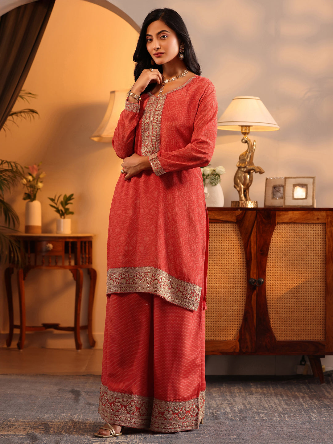  Libas Art Orange Embroidered Chinon Straight Suit Set With Dupatta 