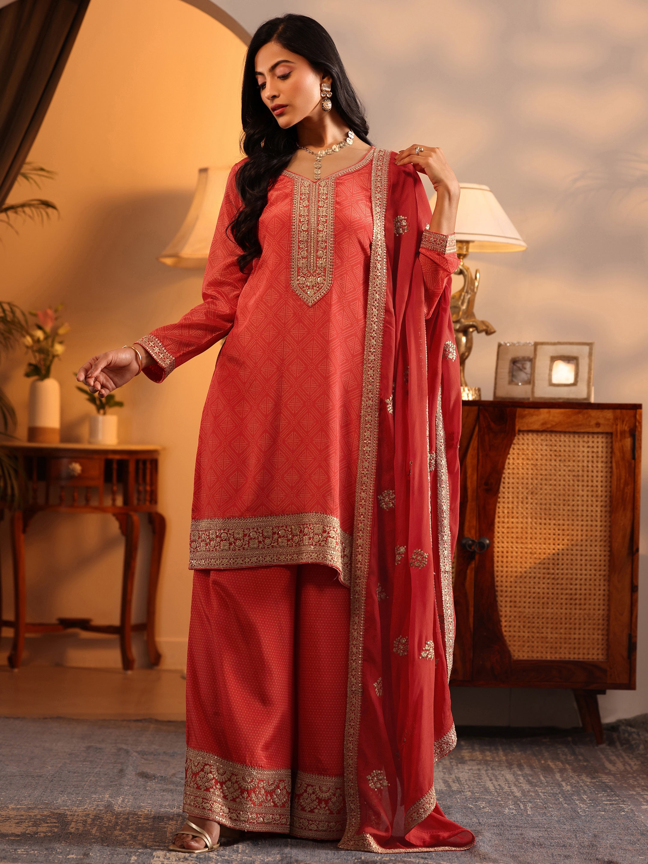 libas Orange Embroidered Chinon Straight Suit Set With Dupatta-picture-30