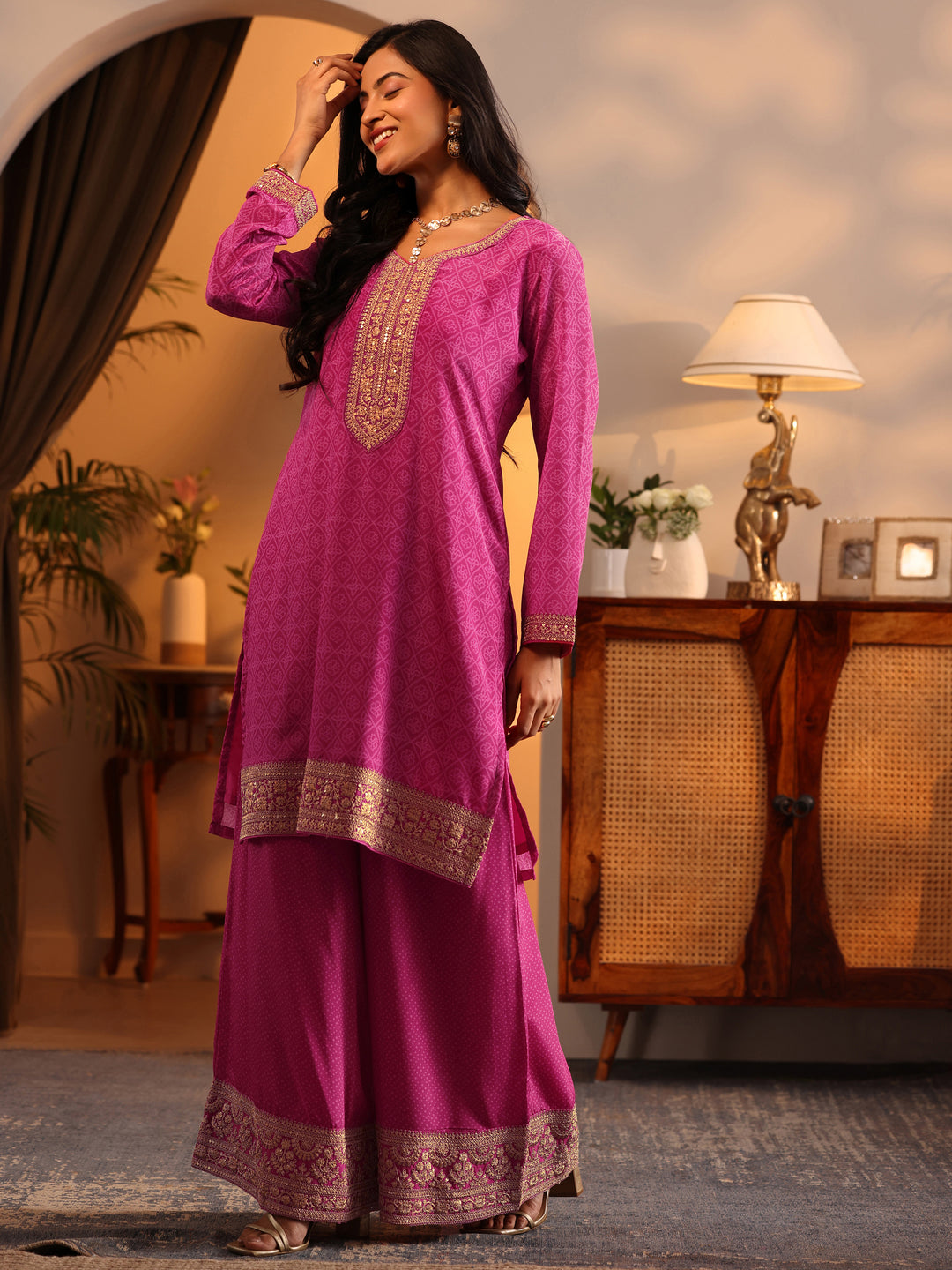  Libas Art Pink Embroidered Chinon Straight Suit Set With Dupatta 