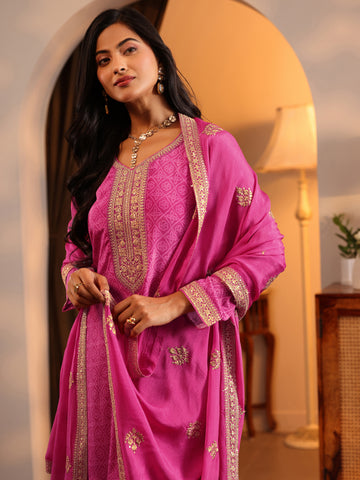 Pink Embroidered Chinon Straight Suit Set With Dupatta