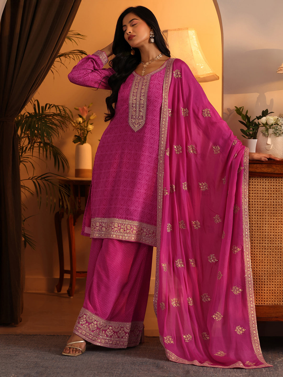  Libas Art Pink Embroidered Chinon Straight Suit Set With Dupatta 