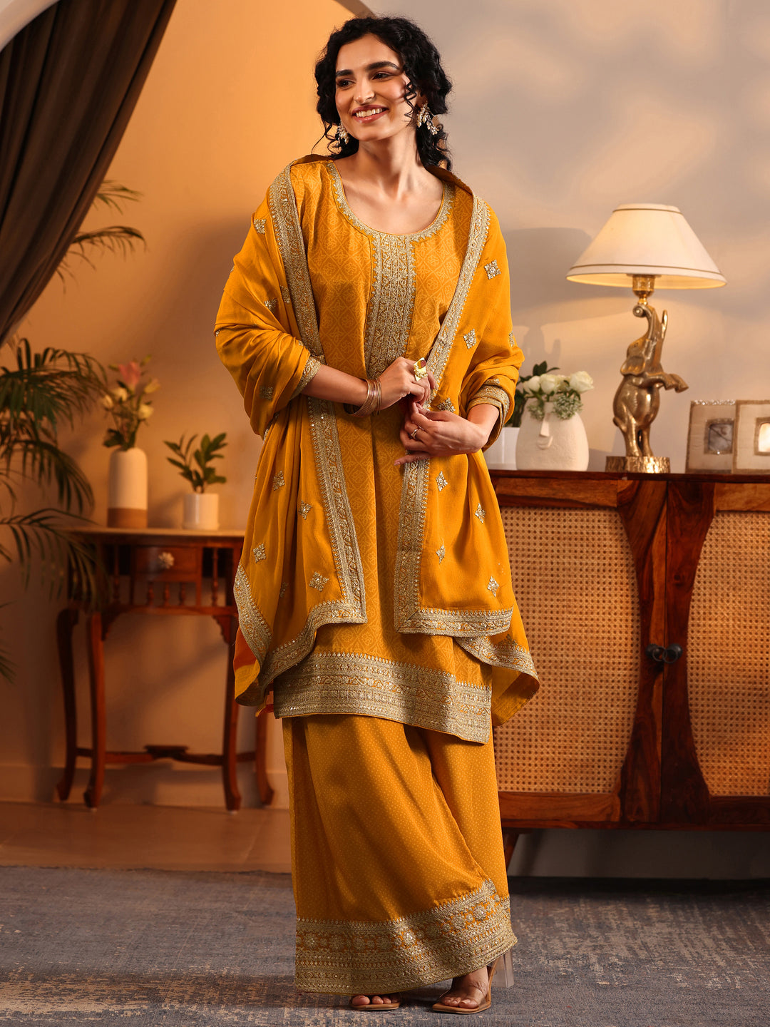  Libas Art Mustard Embroidered Chinon Straight Suit Set With Dupatta 