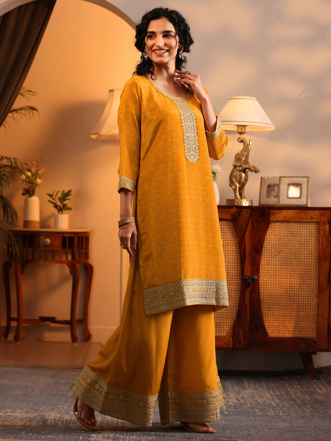  Libas Art Mustard Embroidered Chinon Straight Suit Set With Dupatta 