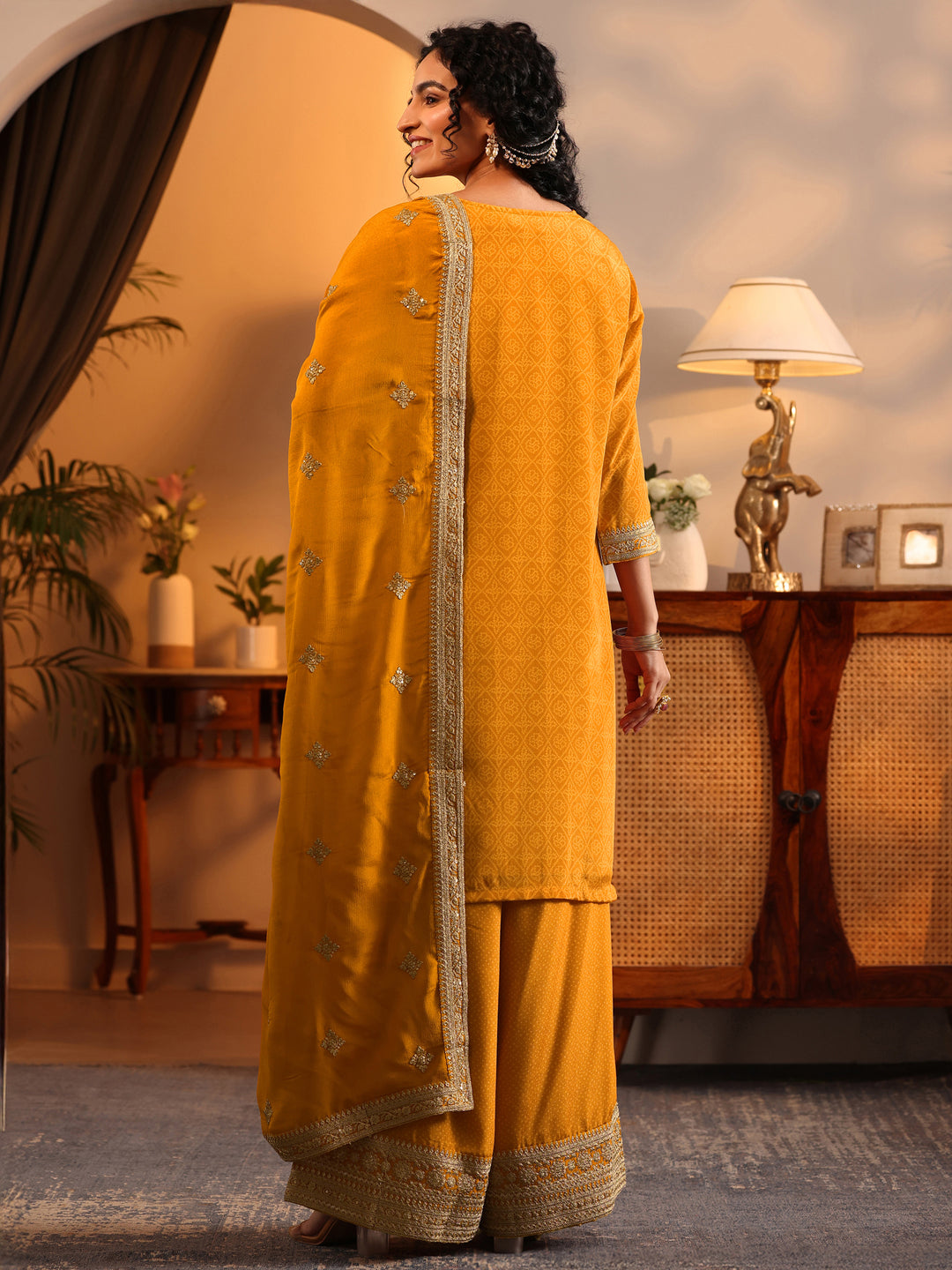  Libas Art Mustard Embroidered Chinon Straight Suit Set With Dupatta 