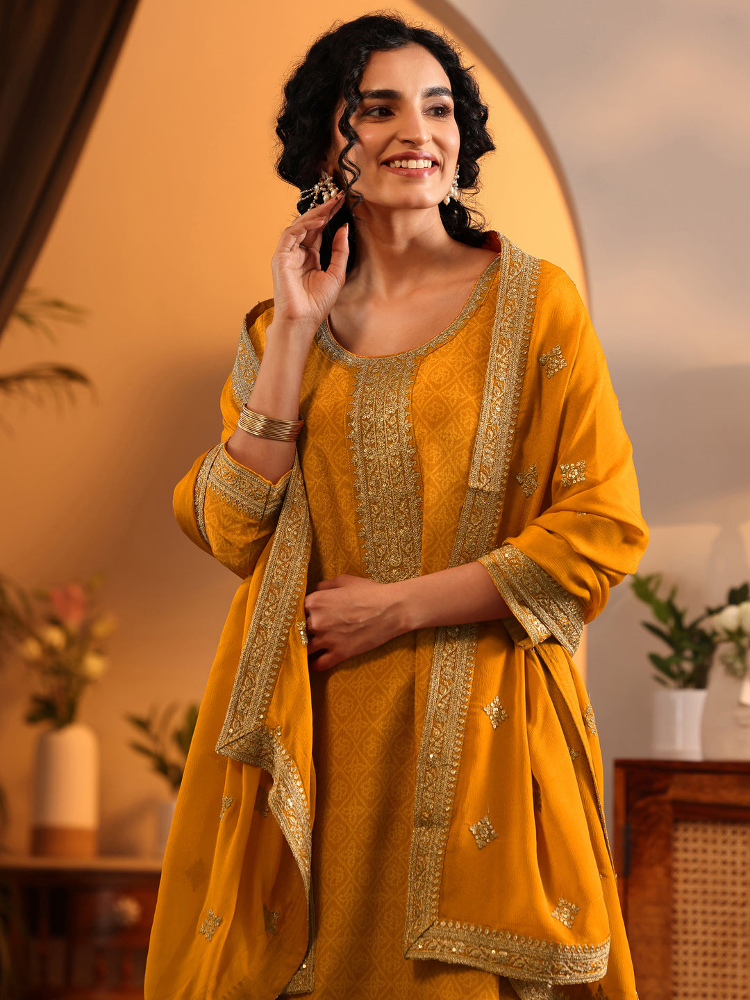  Libas Art Mustard Embroidered Chinon Straight Suit Set With Dupatta 