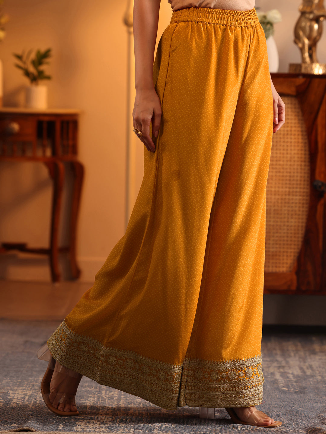  Libas Art Mustard Embroidered Chinon Straight Suit Set With Dupatta 