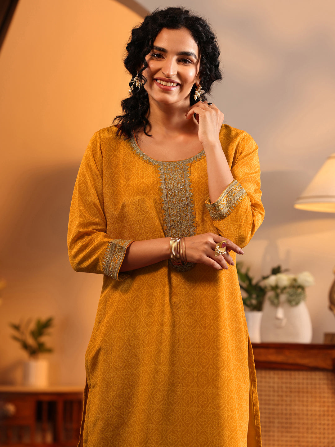  Libas Art Mustard Embroidered Chinon Straight Suit Set With Dupatta 